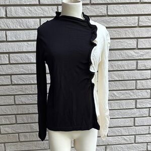 Pinko Black & Cream Asymmetrical Ruffled Long Sleeve Mock Neck Top Size M